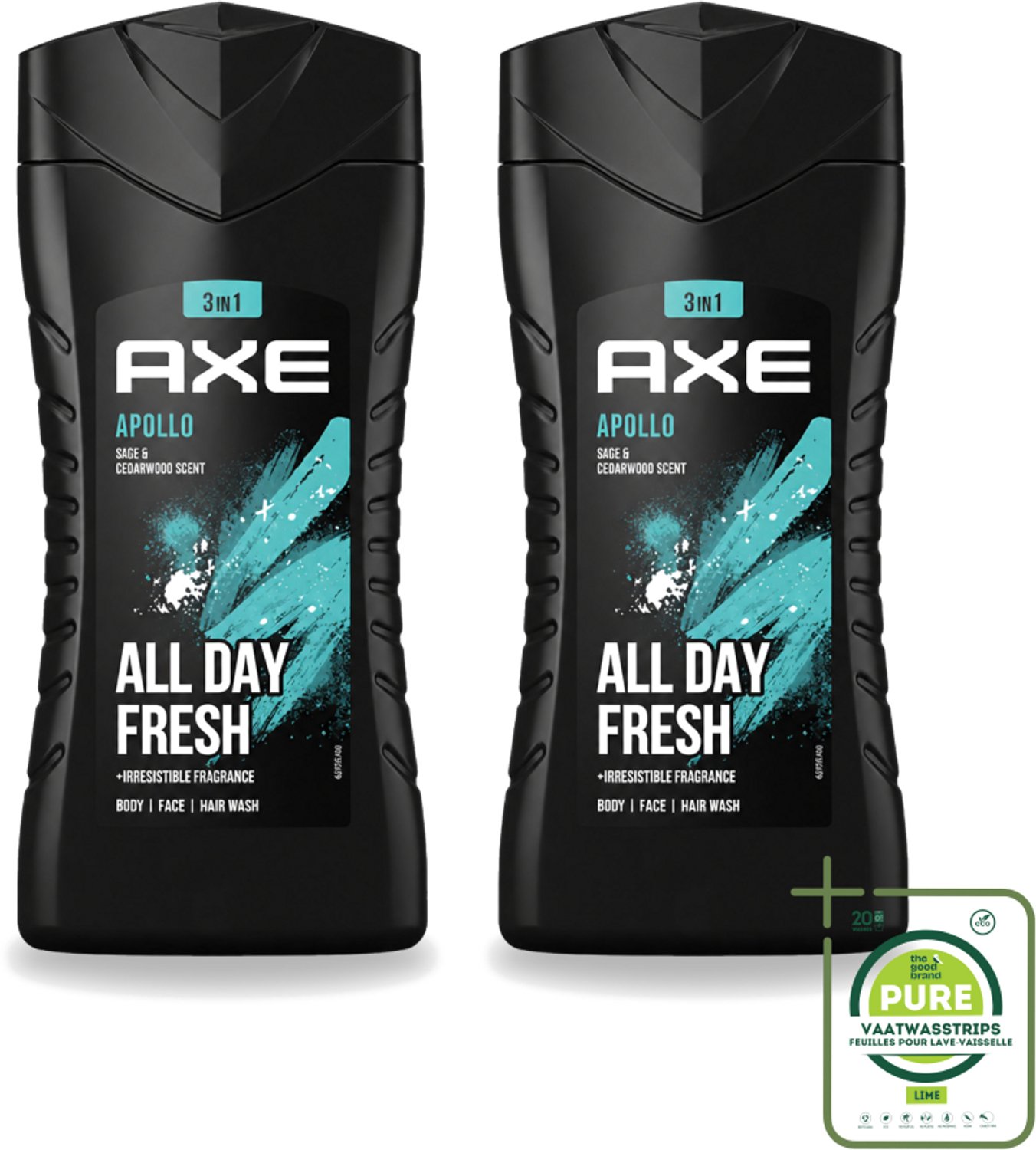 2 x Axe - 3-in-1 Douchegel - Apollo - Sage & Cedarwood - 250 ml - Grootverpakking - Vaatwasstrips - Douchegel - Mannelijke Geur - 3-in-1 - Cederhout - Groen Fruit