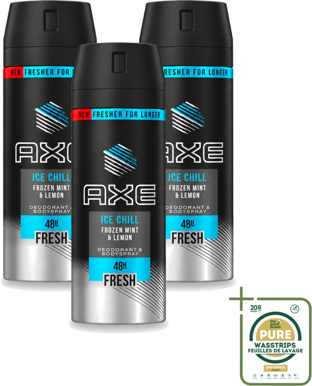 3 x Axe - Deodorant Bodyspray - 48hrs Fresh - Ice Chill - Frozen Mint & Lemon - 150 ml - Wasstrips - Axe Ice Chill - Deodorant Bodyspray - 48h Fresh - Bevroren Munt En Citroen - Geurbestrijding