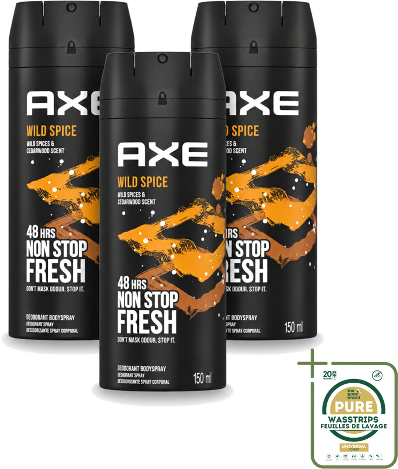 3 x Axe - Deodorant Bodyspray - 48hrs Non Stop Fresh - Wild Spice - Wild Spices & Cedarwood - 150 ml - Wasstrips - Axe Wild Spice - Deodorant Bodyspray - 48 Uur Fris - Anti-geur - Cederhout Geur
