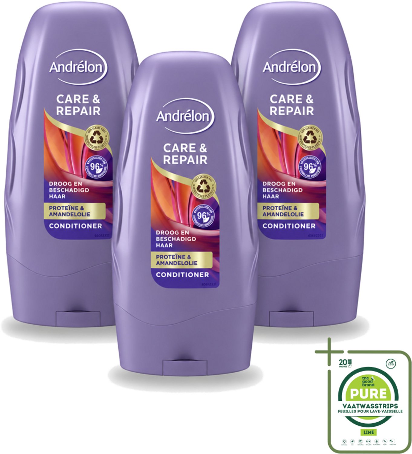 3 x Andrélon - Care & Repair - Conditioner - Voor Beschadigd Haar - 250 ml - Grootverpakking - Vaatwasstrips - Haarkleur - Haarverzorging - Haarherstel - Haarbescherming - Haarversterking