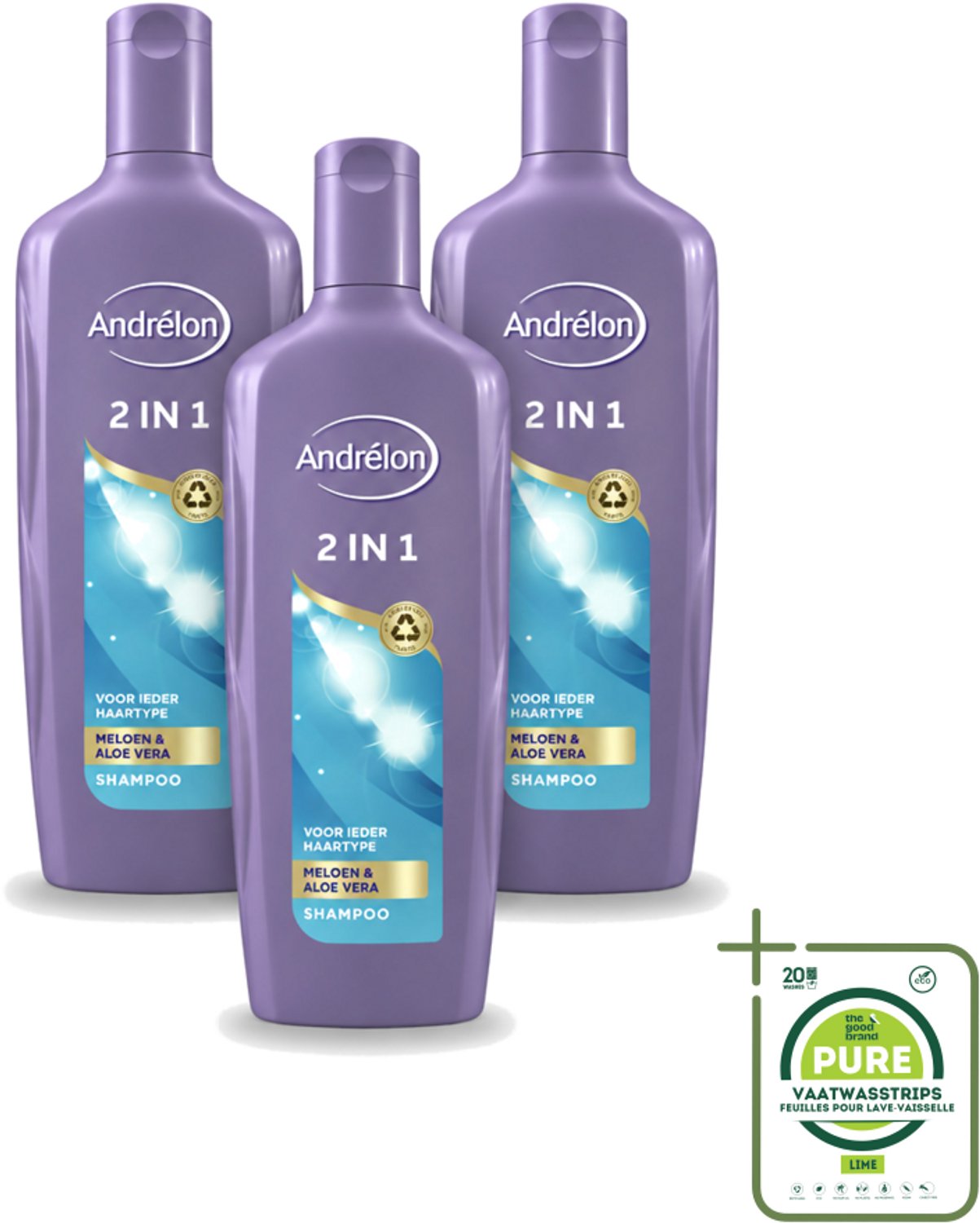 3 x Andrélon - 2-in-1 - Shampoo - Reinigt & Verzorgt - 300 ml - Grootverpakking - Vaatwasstrips - 2-in-1 Shampoo Conditioner - Haar Reinigen - Haar Verzorgen - Meloen Shampoo - Aloë Vera Shampoo