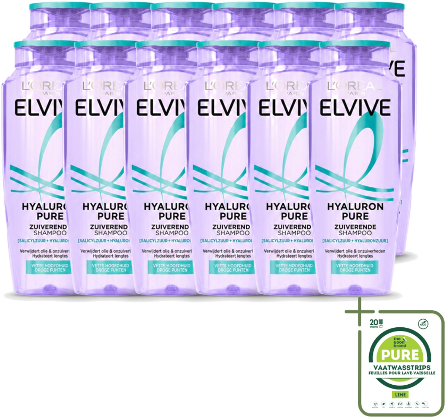 12 x L’Oréal Paris Elvive – Shampoo – Hyaluron Pure – Zuiverend – 250 ml - Grootverpakking - Vaatwasstrips - Zuiverende Shampoo - Hyaluronzuur Shampoo - Salicylzuur Shampoo - Vette Hoofdhuid Shampoo - Droge Punten Shampoo