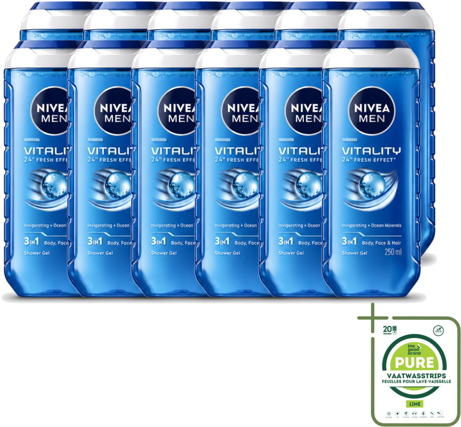 12 x Nivea Men – Douchegel – Vitality 3-in-1 – 250 ml - Grootverpakking - Vaatwasstrips - Douchegel Voor Mannen - Frisheid - Oceaanmineralen - 3-in-1 Douchegel - Huidverzorging