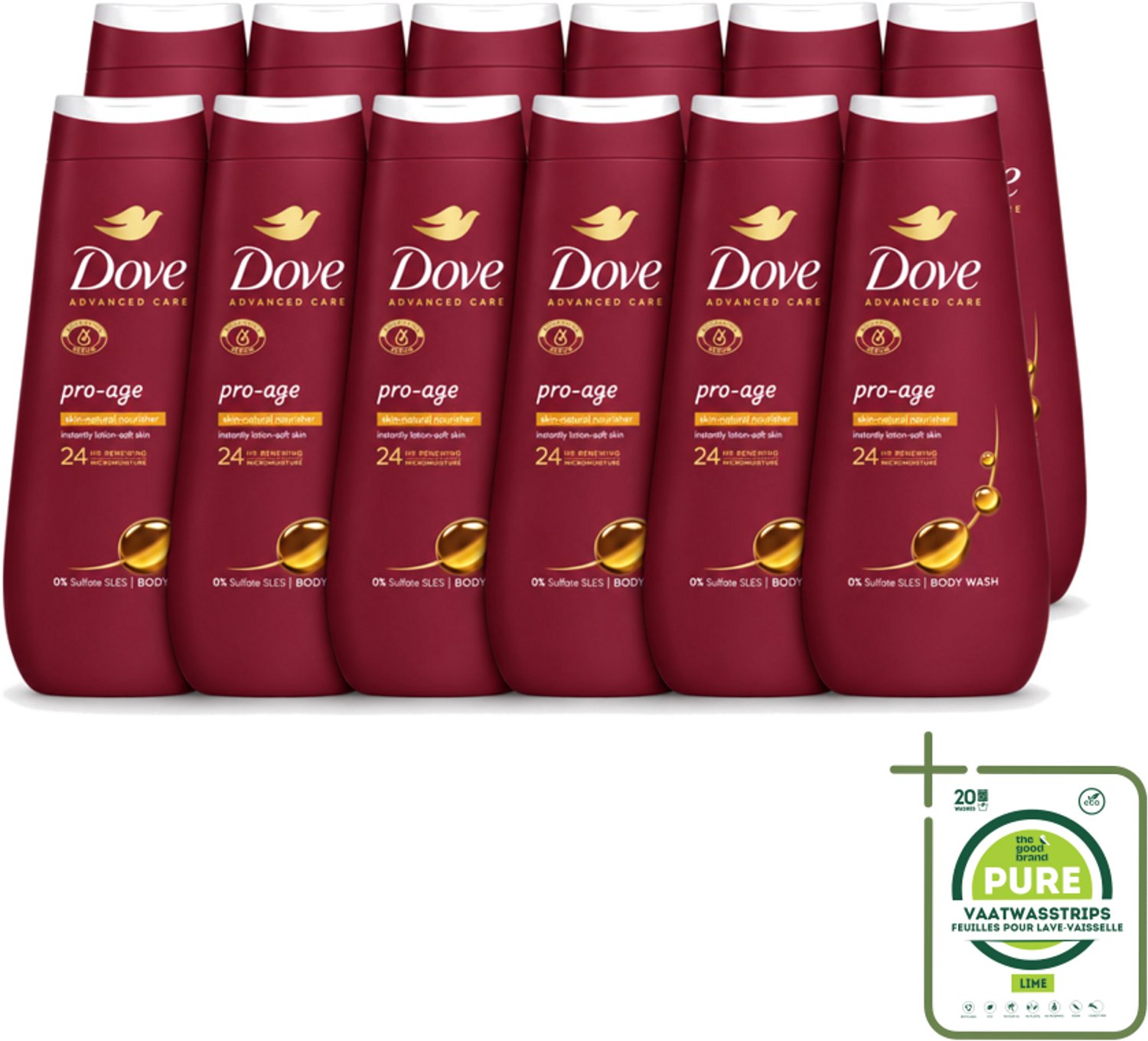 12 x Dove – Douchegel – Pro Age Body Wash – 400 ml - Grootverpakking - Vaatwasstrips - Douchegel Voor Rijpere Huid - Huidverzorging - Hydraterende Crème - Huidbarrière - Sulfaatvrije Douchegel