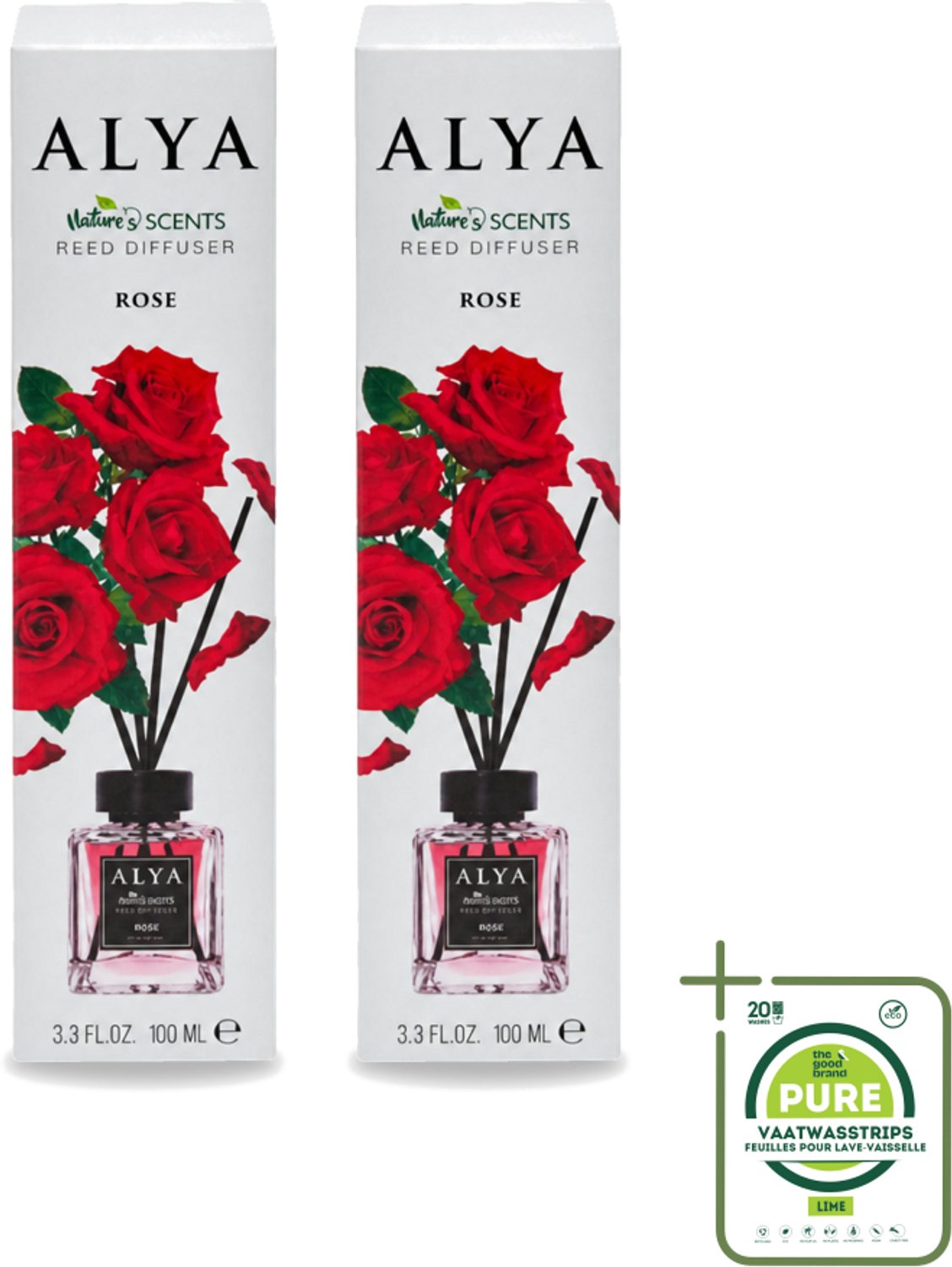 2 x Alya – Geurdiffuser – Rose – Interieurparfum - Grootverpakking - Vaatwasstrips - Geurstokjes - Geur - Geurverspreiding - Geur Olie - Geur Sfeer