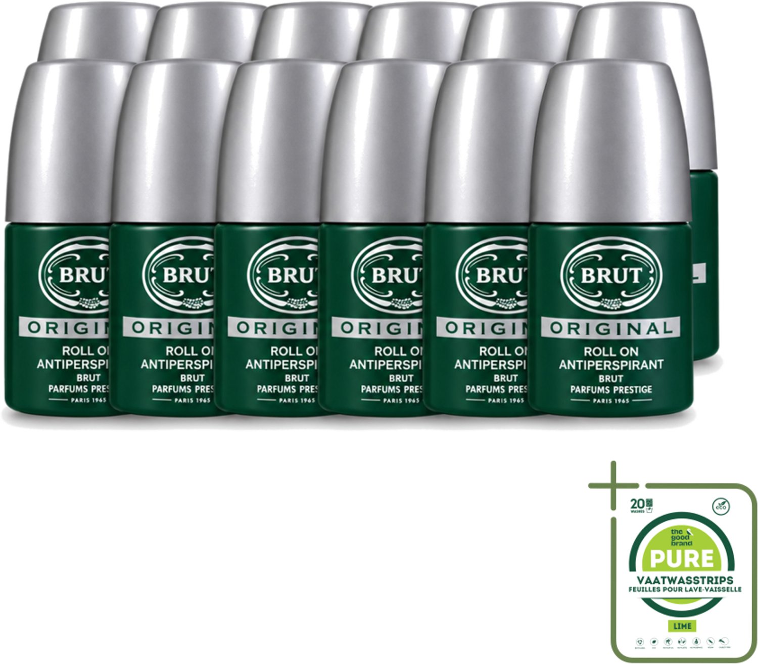 12 x Brut – Deodorant Roll-On – Original – Glas – 50 ml - Grootverpakking - Vaatwasstrips - Deodorant Voor Mannen - Zweetgeur Bestrijding - Fris Gevoel - Klassieke Geur - Roll-on Deodorant