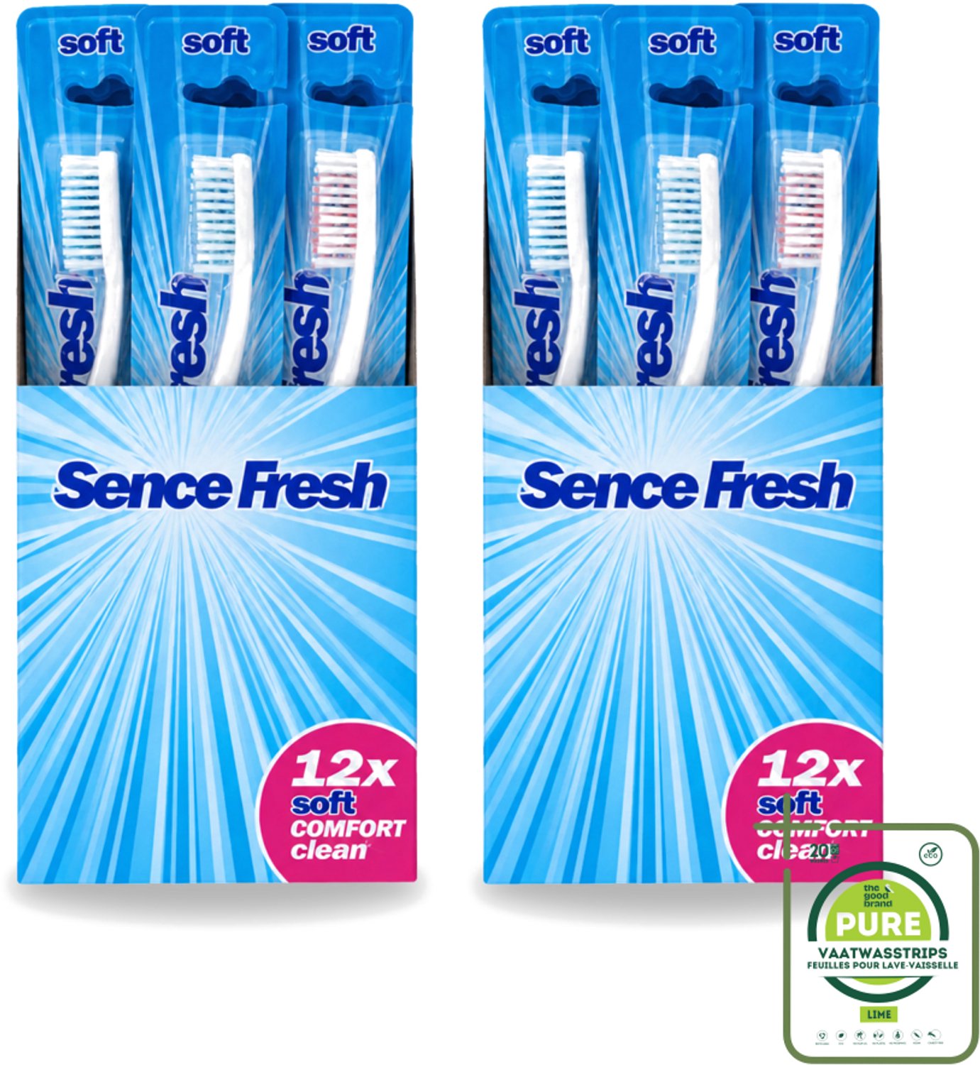 2 x Sence - Tandenborstels - Fresh Soft Comfort Clean - 12 Tandenborstels - Grootverpakking - Vaatwasstrips - Tandenborstel - Zachte Tandenborstel - Mondhygiëne - Tandenborstel Voor Gevoelig Tandvlees - Dagelijks Poetsen