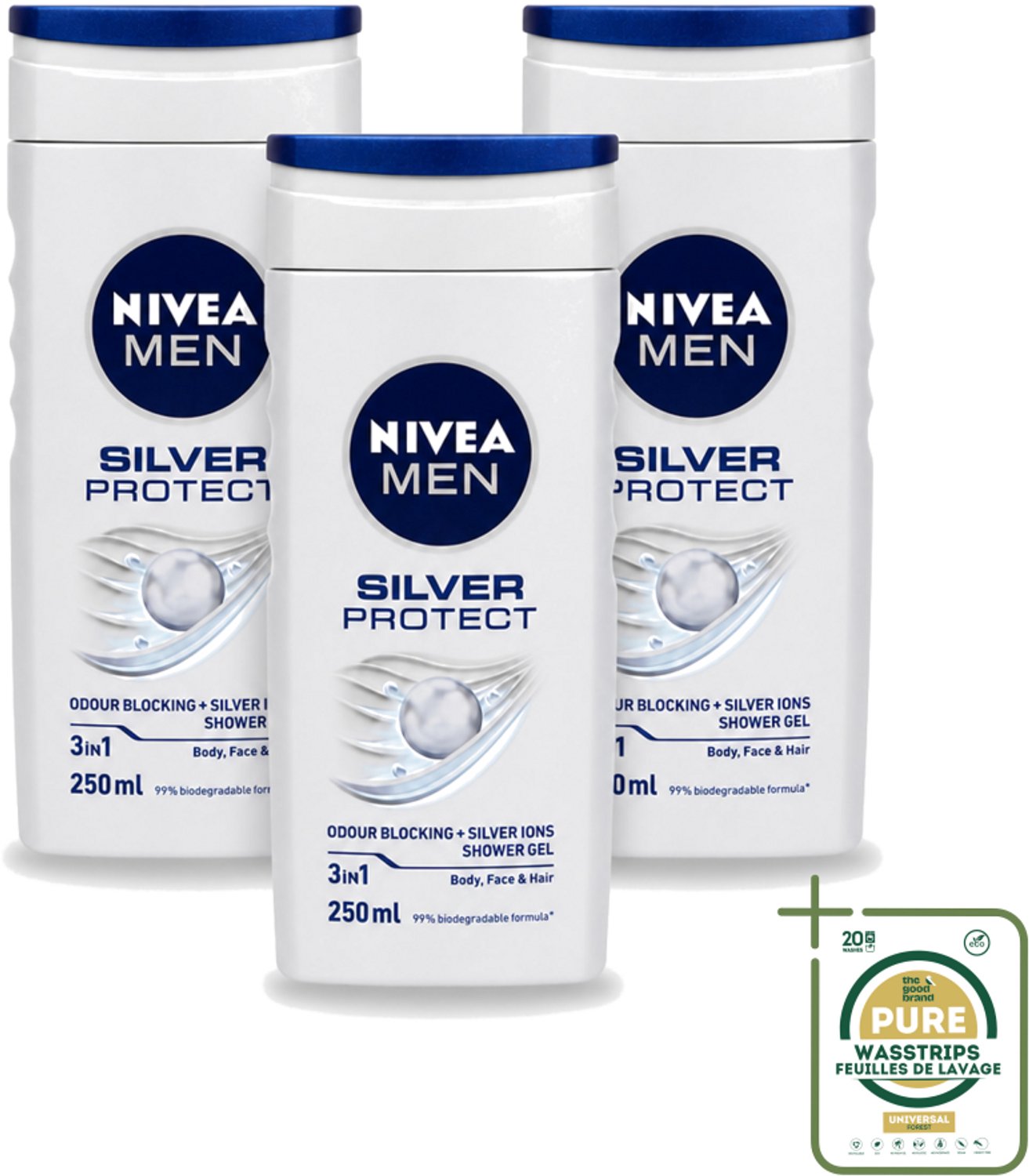 3 x Nivea Men – Douchegel – Silver Protect – 250 ml - Wasstrips - Douchegel Mannen - Zilverionen - Frisheid - Geurveroorzakende Bacteriën - 3-in-1 Douchegel