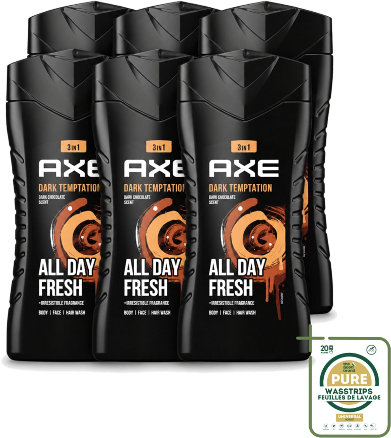 6 x Axe - 3-in-1 Douchegel - Dark Temptation - Dark Chocolate - 250 ml - Wasstrips - Douchegel - 3-in-1 - Lichaam - Gezicht - Haar