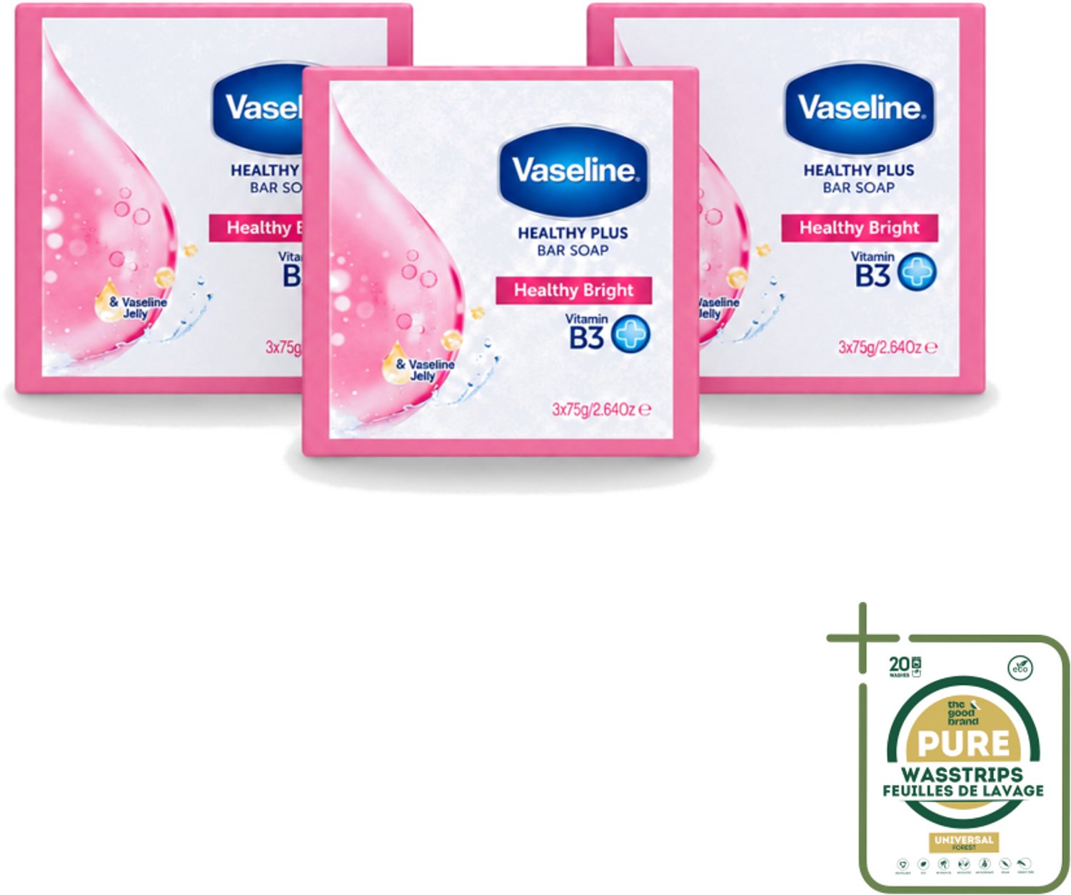 3 x Vaseline - Healthy Bright - Zeeptablet - Reinigend & Verzorgend - 3x75 ml - Wasstrips - Zeep - Huidverzorging - Reiniging - Gezond Huid - Handen Reinigen