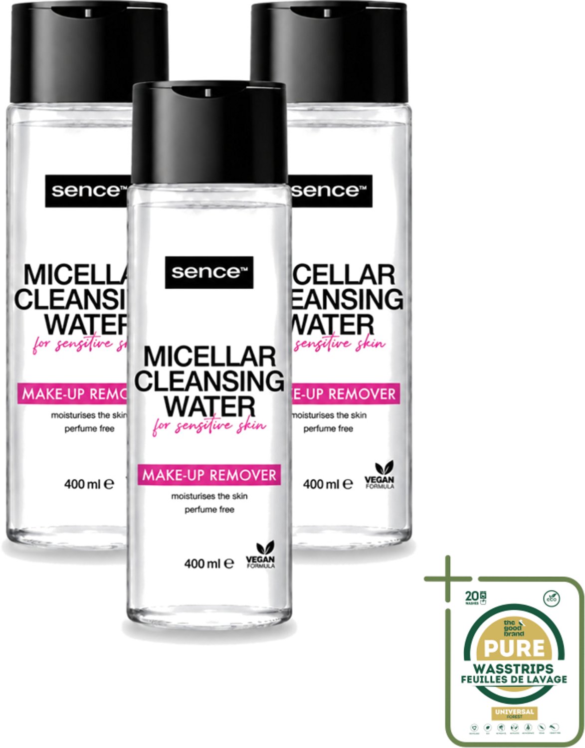 3 x Sence - Gevoelige Huid - Micellair Water - Make-up Remover - 400 ml - Wasstrips - Gevoelige Huid - Make-up Remover - Micellair Water - Hypoallergenisch - Parfumvrij