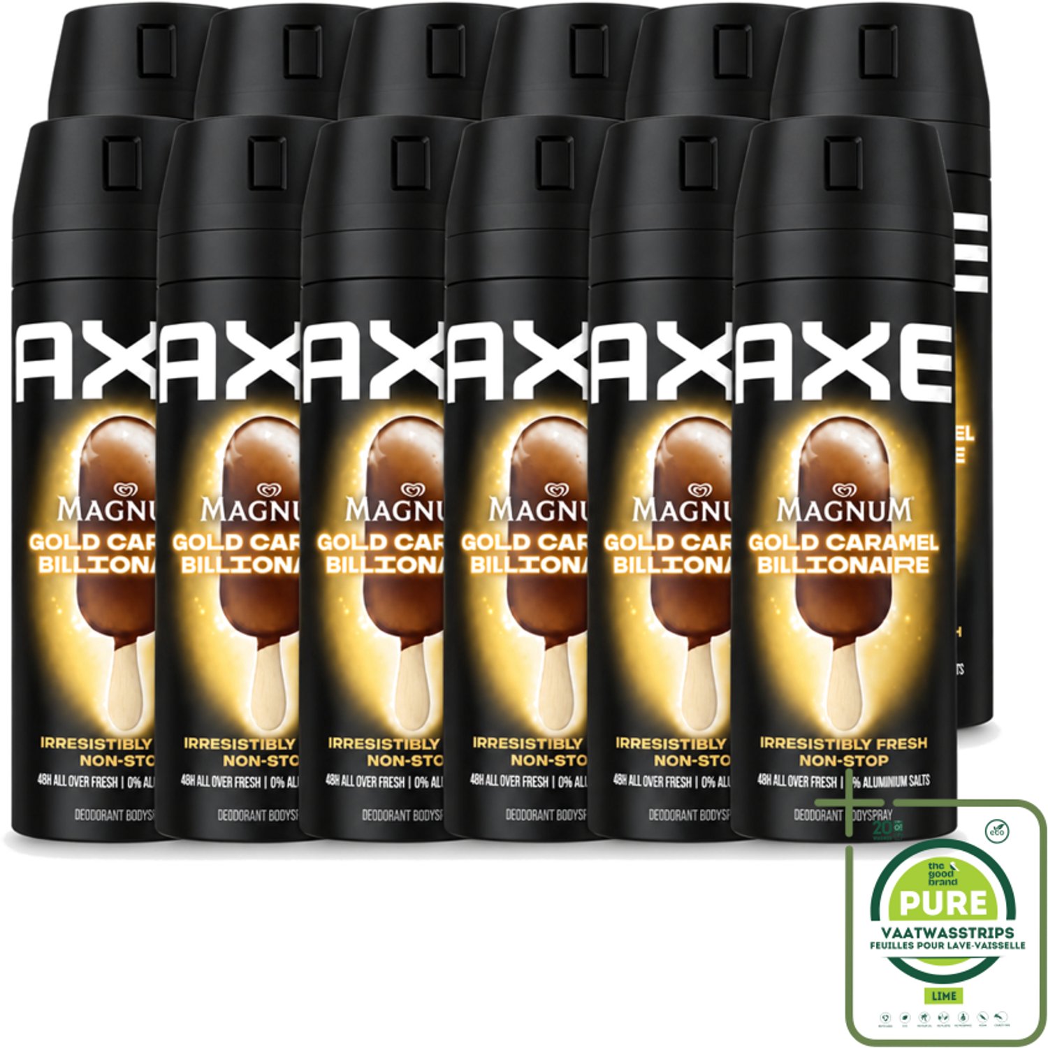 12 x Axe – Deodorant Bodyspray – Magnum Gold Caramel Billionaire – 150 ml - Grootverpakking - Vaatwasstrips - Deodorant - Bodyspray - Luxe Geur - Chocolade Geur - Karamel Geur