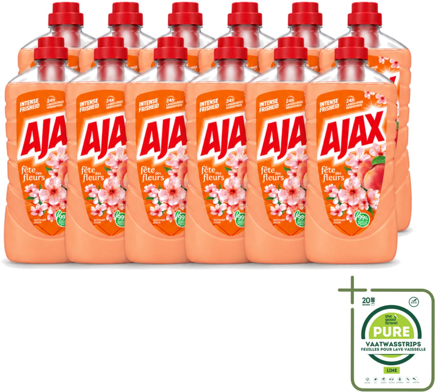 12 x Ajax – Allesreiniger – Perzik – 1000 ml - Grootverpakking - Vaatwasstrips - Allesreiniger - Reinigen - Perzikgeur - Huishoudelijke Reiniger - Reinigingsmiddel