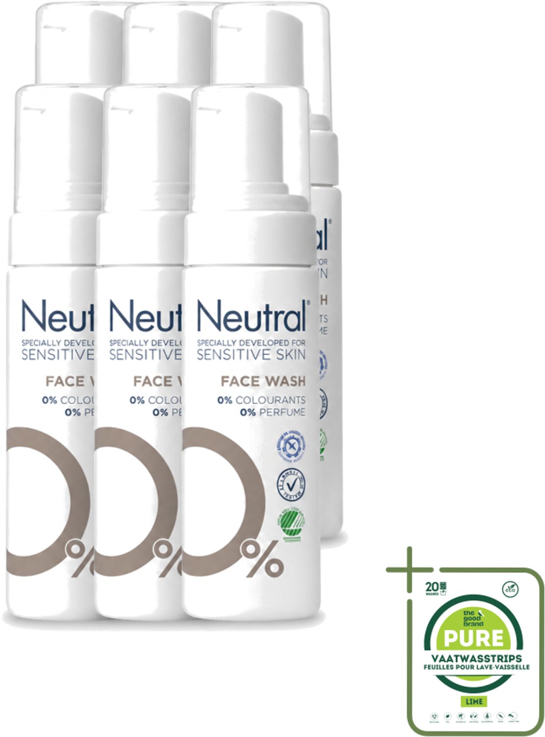 6 x Neutral – Gezichtsreiniging – Face Wash 0% Parfumvrij – 150 ml - Grootverpakking - Vaatwasstrips - Gezichtsreiniger - Huidverzorging - Gevoelige Huid - Milde Reiniging - Crème Verwijderen