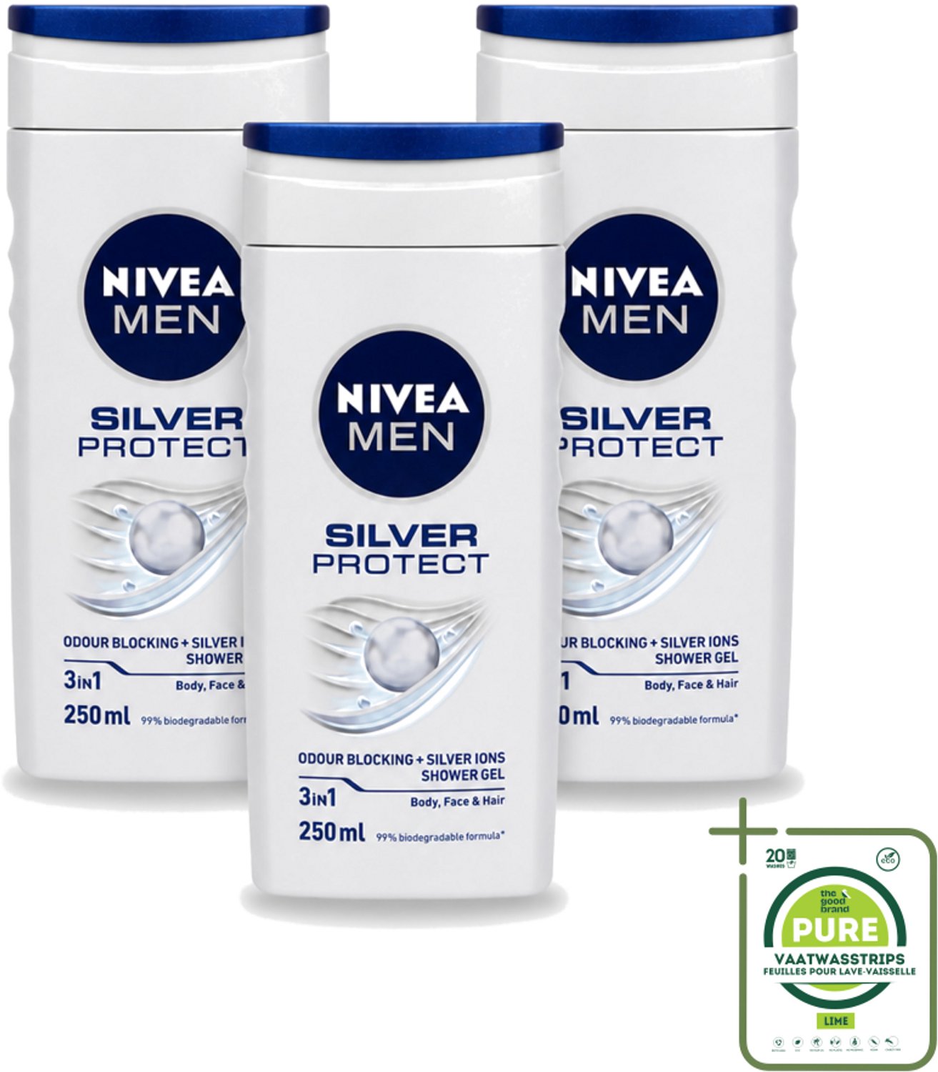 3 x Nivea Men – Douchegel – Silver Protect – 250 ml - Grootverpakking - Vaatwasstrips - Douchegel Mannen - Zilverionen - Frisheid - Lichaam Verzorging - Gezicht Verzorging