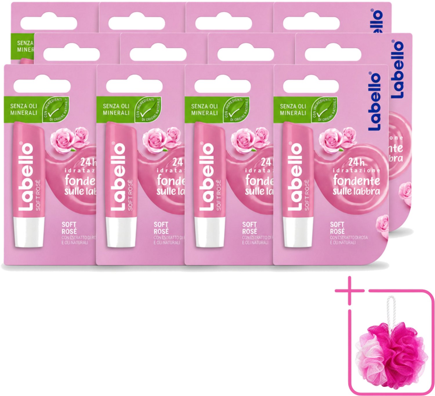 12 x Labello – Lippenbalsem – Soft Rosé - Bulkverpakking - Lippenbalsem - Douchemop - Hydratatie