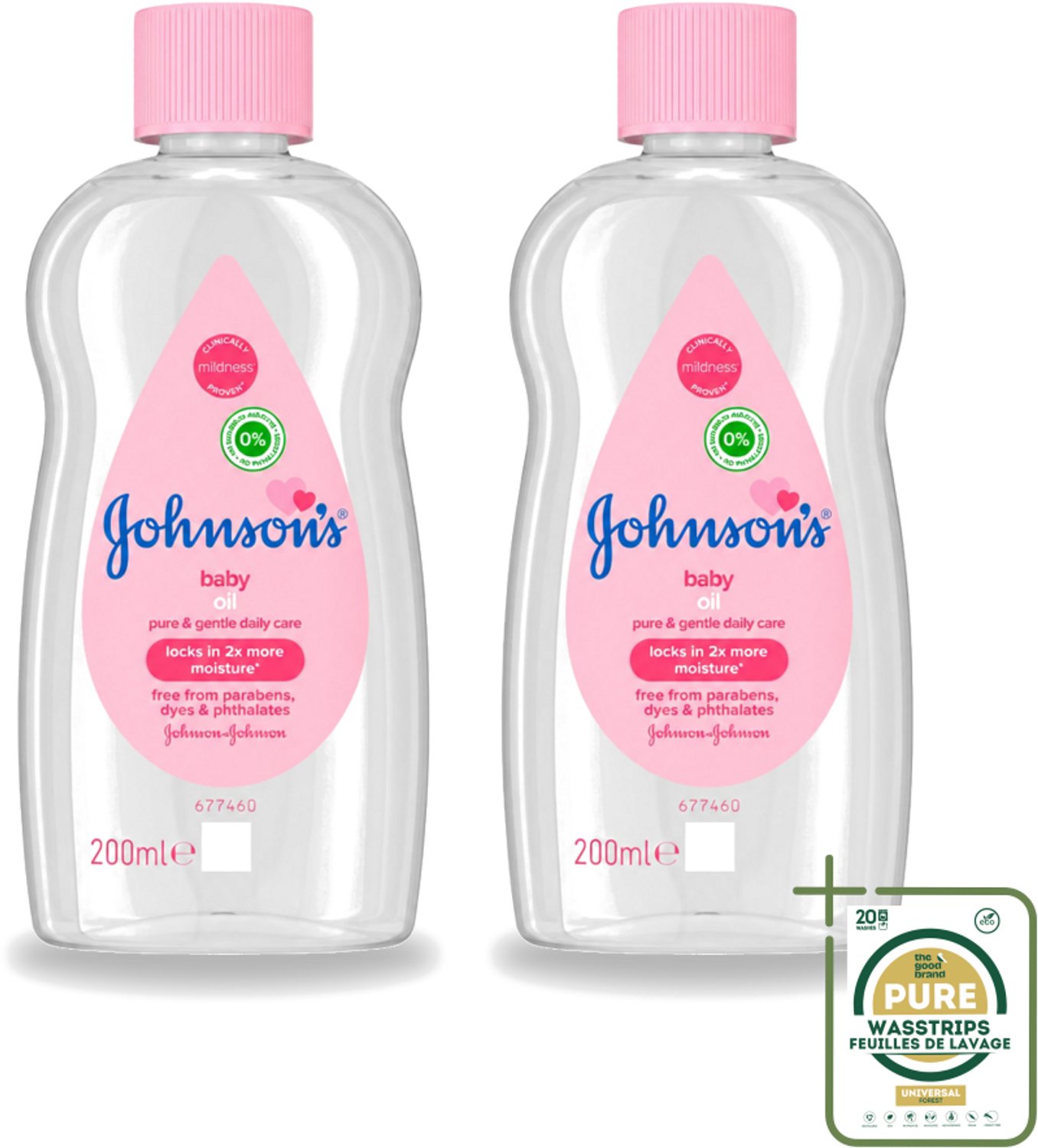 2 x Johnson's - Baby Olie - Puur & Zacht - 200 ml - Wasstrips - Babyolie - Babyhuid Verzorging - Hydrateren Babyhuid - Zachte Babyhuid - Babyhuid Beschermen