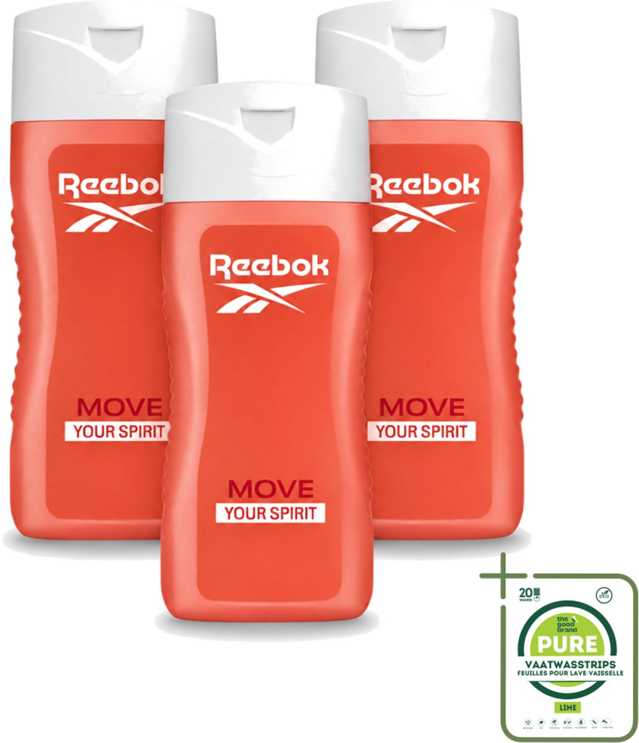 3 x Reebok - Move Your Spirit - Douchegel - 400 ml - Grootverpakking - Vaatwasstrips - Douchegel - Energie - Geest - Lichaam - Verfrissend