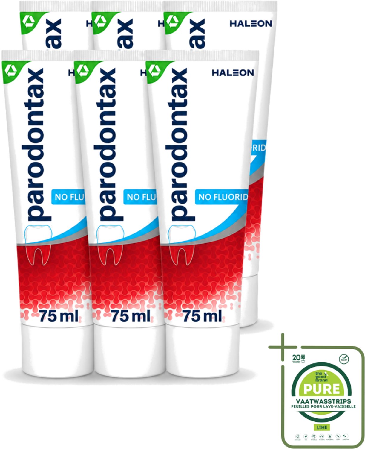 6 x Parodontax - Tandpasta - Fluoride Vrij - 75ml - Grootverpakking - Vaatwasstrips - Tandpasta Fluoride Vrij - Mondgezondheid - Tandvleesbescherming - Tandplak - Bloedend Tandvlees