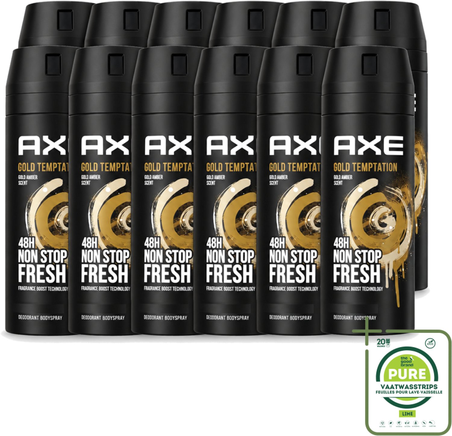 12 x Axe - Deodorant Bodyspray - 48hrs Non Stop Fresh - Gold Temptation - Gold Amber - 150 ml - Grootverpakking - Vaatwasstrips - Deodorant - Bodyspray - Frisheid - Geur - Geurbescherming