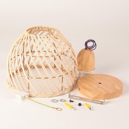Set van 2 vintage natuurlijke bamboe plafondlamp, plafondlamp met rotan lampenkap, E27 verlichting, decoratie, houten kroonluchter voor slaapkamer, entree, hal, keuken, eetkamer — afbeelding 4