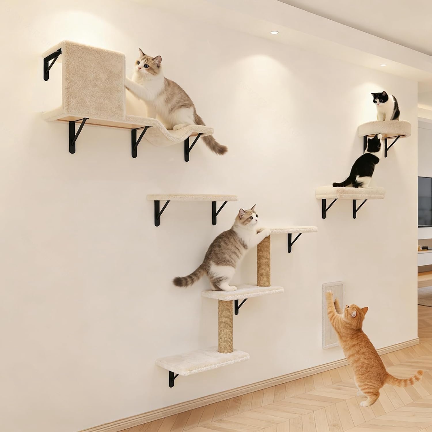 Katten Klimmuur, 10-delige Kattenwand met Kattenhuis – Beige