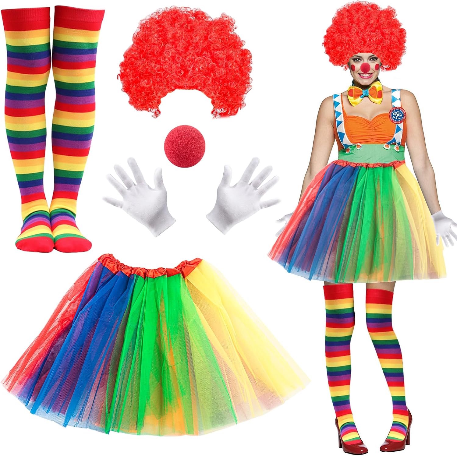 Clown-kostuumset, 5-delig, circus, regenboog, kostuumaccessoires met regenboog-tutu-rok, pruik, neus, handschoenen en kleurrijke gestreepte sokken