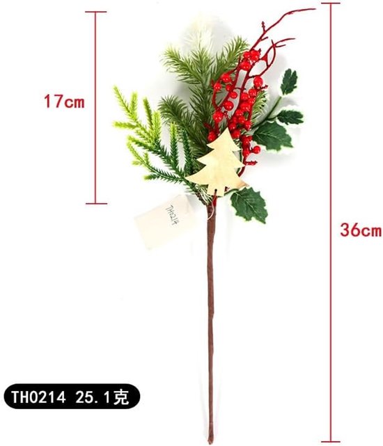 6 stuks kunstdennennaalden, takken, kerstbomen, nep-groenplectrums met rode bessenstengels, kunstgroen, Norfolk dennenstengels, takjes voor doe-het-zelf handwerk, woondecoratie, J — afbeelding 2