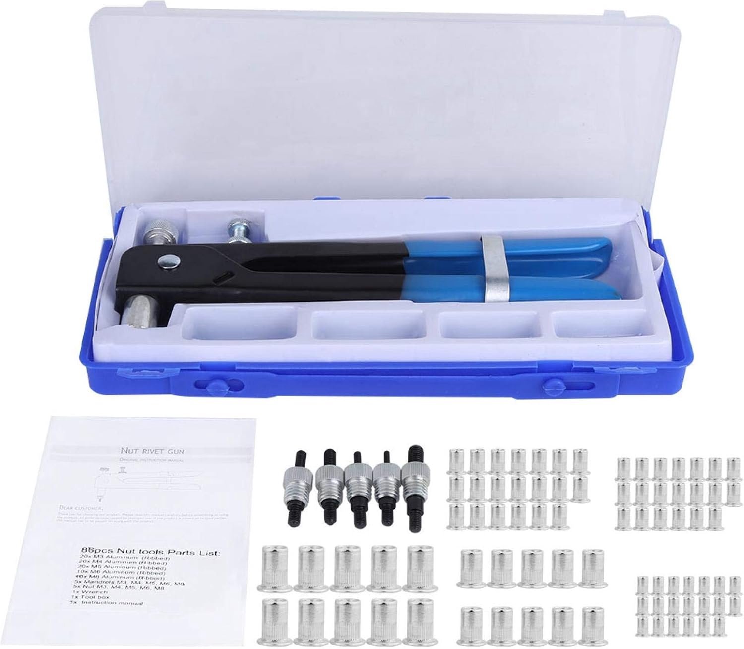 Klinknagelmoeren, 86 stks/set M3-M8 Aluminiumlegering Blinde klinknagelmoeren Inzetstuk met schroefdraad en klinknagel GunTool Rivnut Nutsert klinkkit, met een klinknagelpistool, veel opspandoorns,