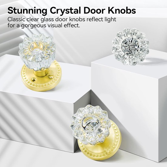 5 stuks glazen deurknoppen, satijnen messing kristallen deurknoppen interieur met slot, vintage glazen deurknoppen interieur voor slaapkamer badkamer, geborsteld goud kristal deurknop set — afbeelding 5