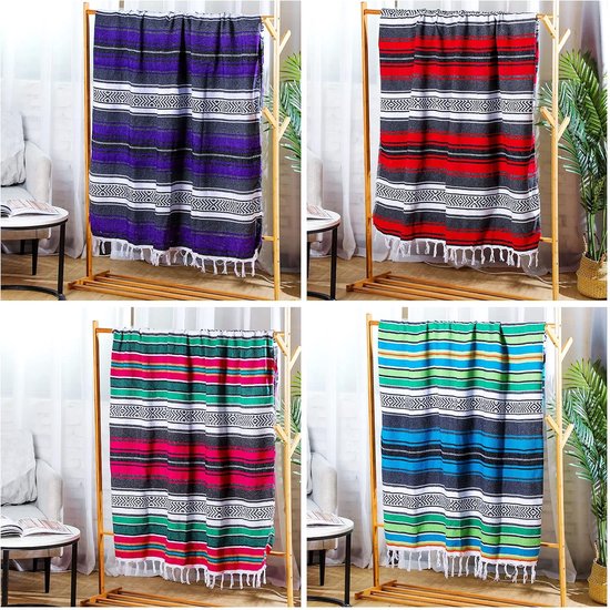 4 stuks Mexicaanse dekens bulk handgeweven Mexicaanse yoga deken handdoek kleurrijke Falsa serape geweven deken boho Mexicaanse stranddekens voor buiten camping strand picknick reizen thuis (rood) — afbeelding 5