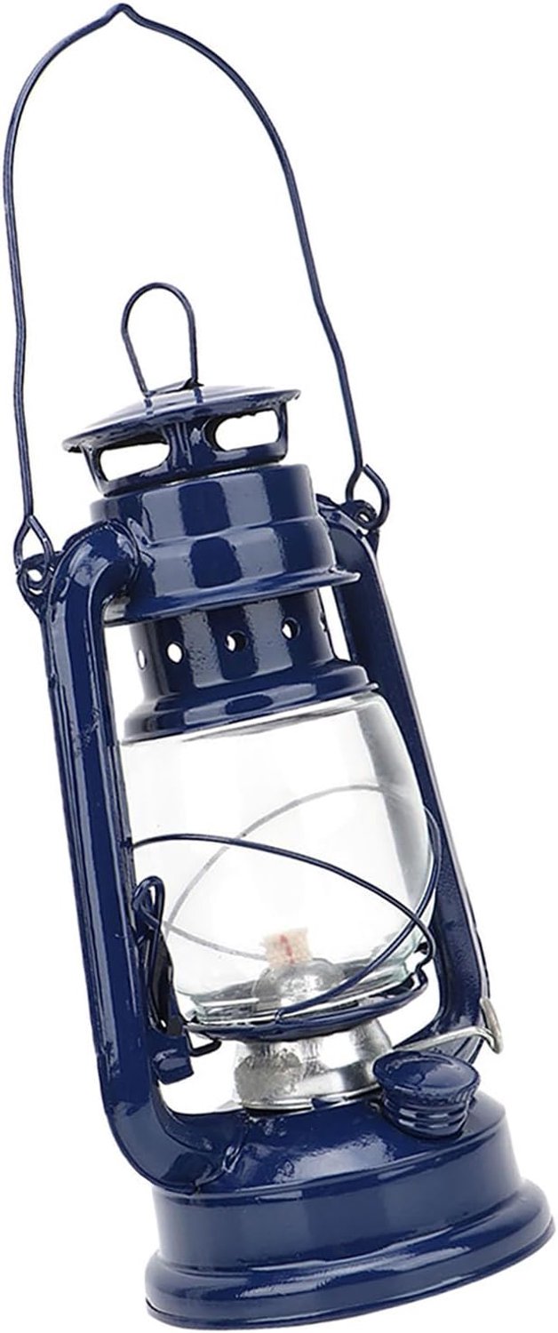 Vintage Kerosinelamp Antieke Olie Lantaarn Rustieke Ijzeren Lamp met Glas voor Woninginrichting Party Blauw/rood (Blauw) — afbeelding 4