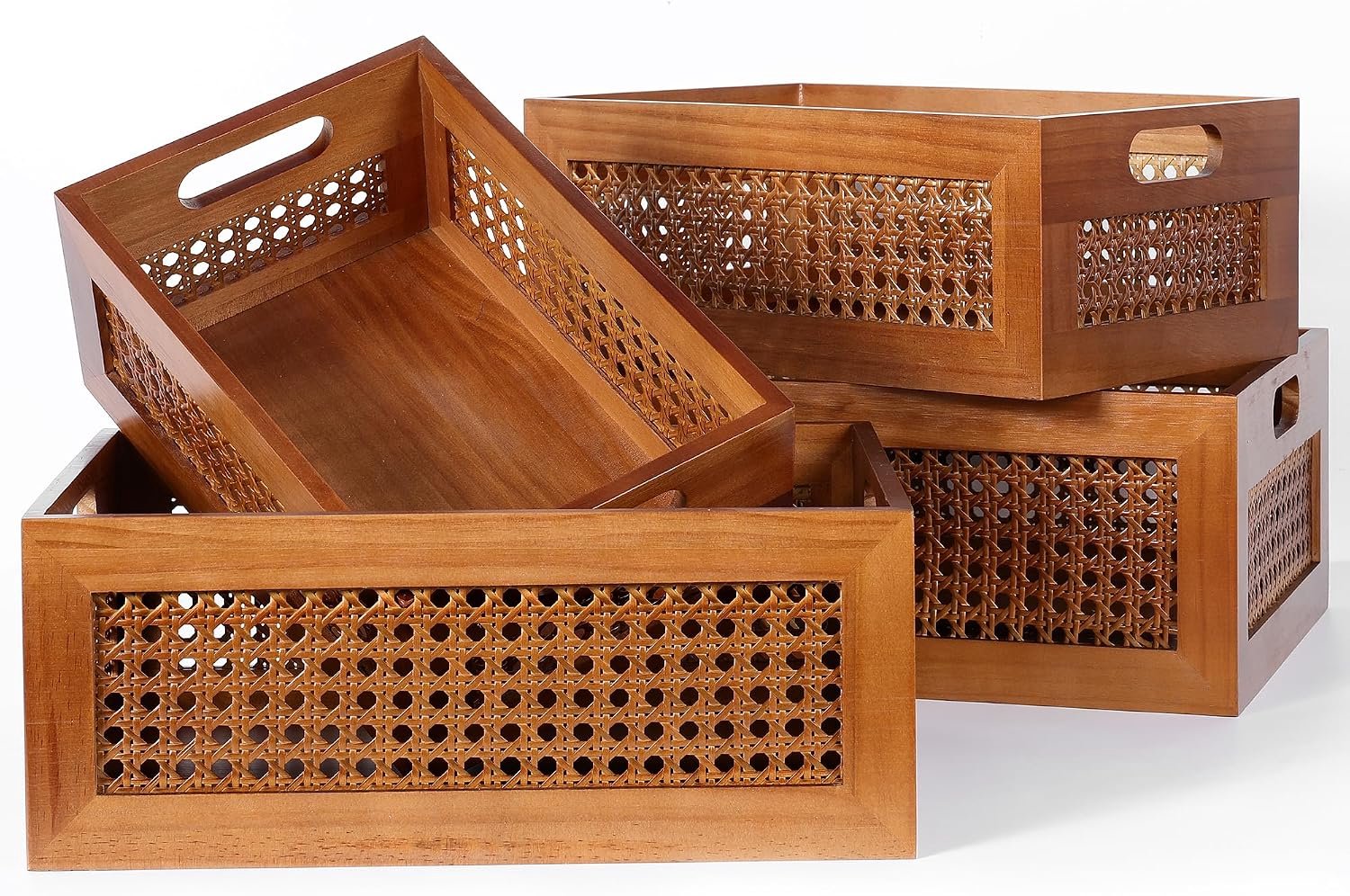 Houten opbergmand, set van 4, handgemaakte rotan lade opbergdoos met frame en handgrepen, decoratieve natuurlijke bamboe geweven bakken, rustieke boerderij, decoratie, thuiskantoor, tafelblad,