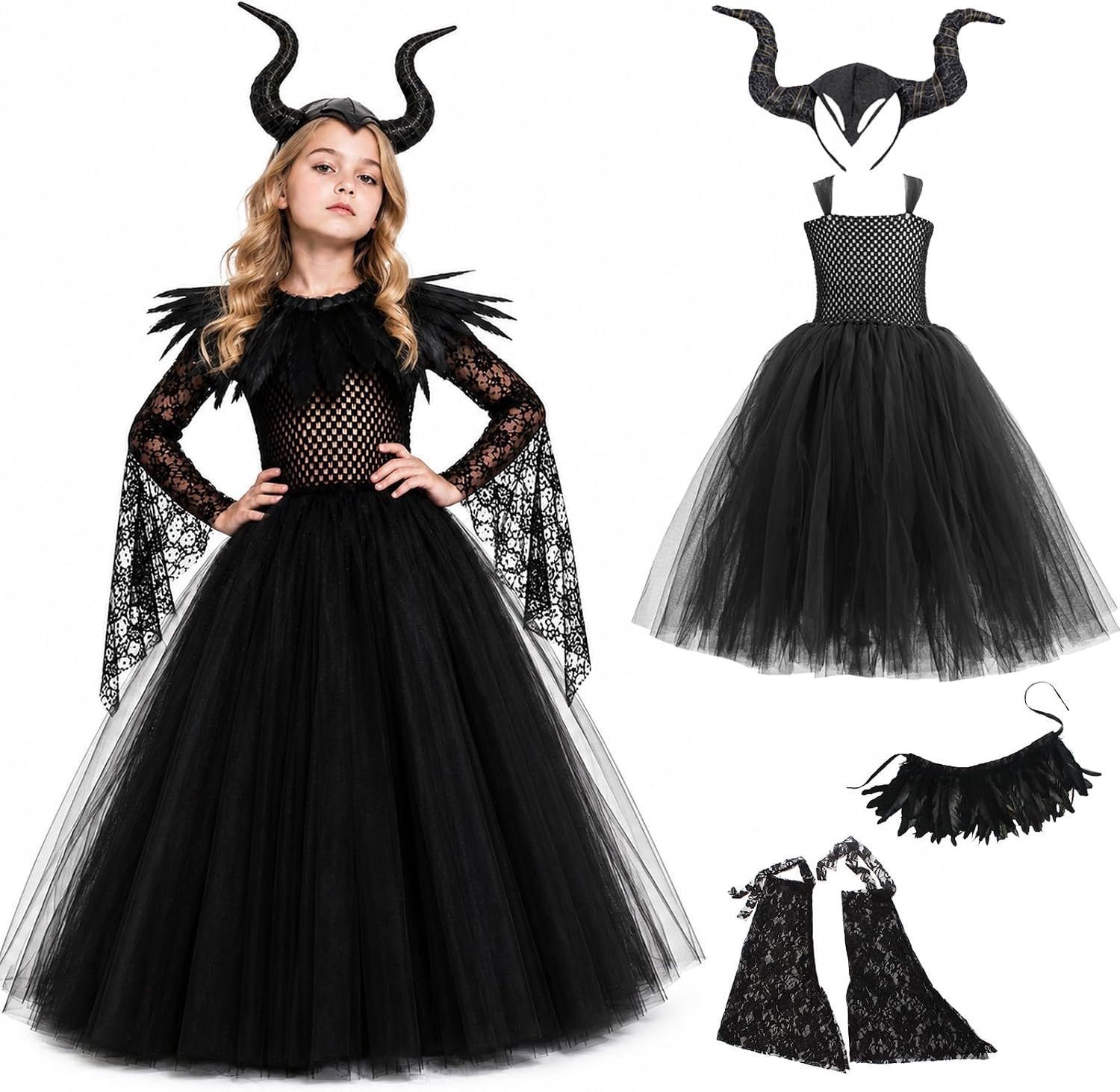 Bocguy Maleficent kostuum voor dames, Victoriaans gothic, duivelsvleugelkostuum, koningin hoorns, verencape en tule rok, lang, duivelshoornkostuum voor dames, cosplay, party, carnaval