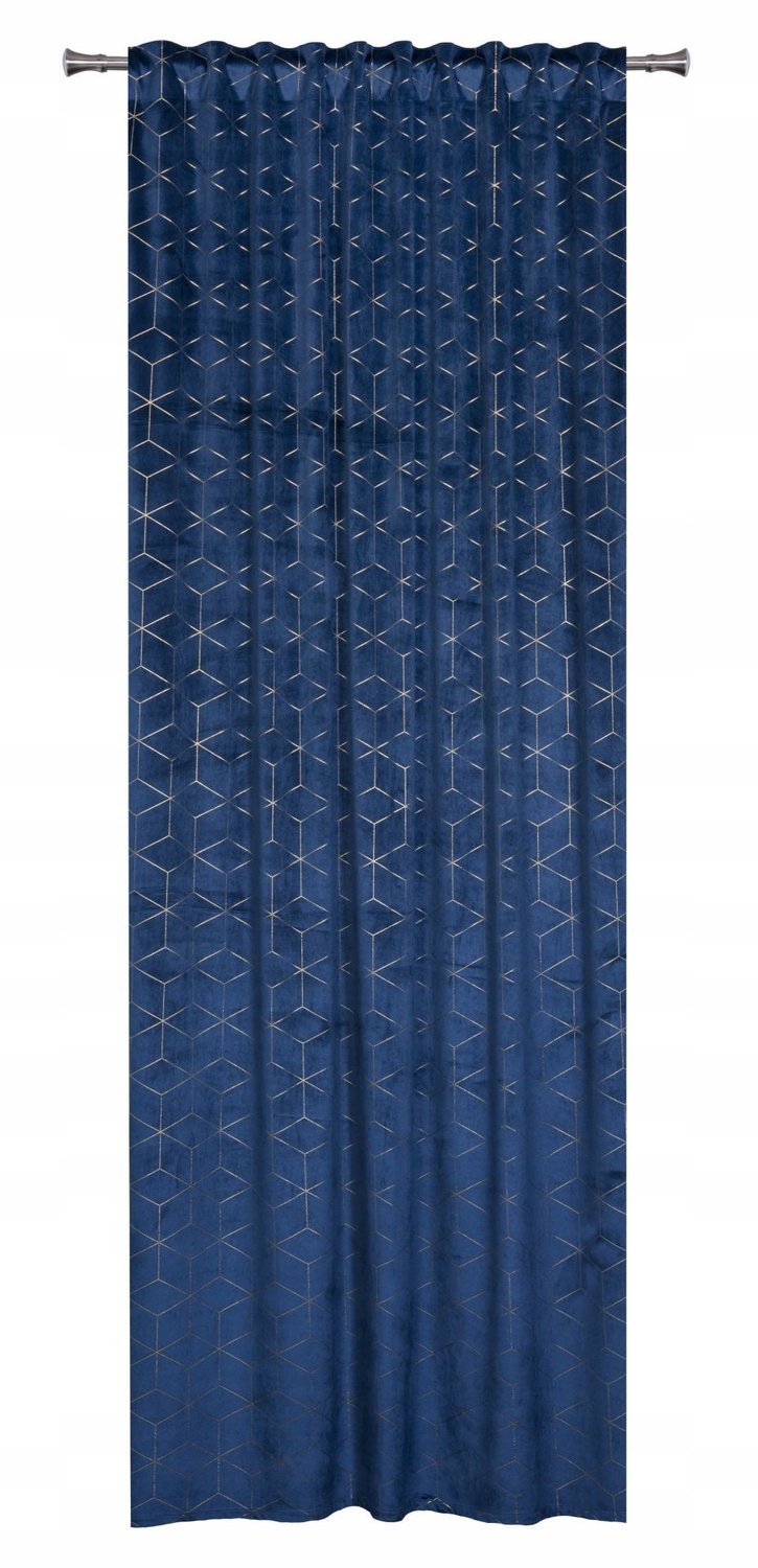 Luxe Velours Gordijn 140x260cm - Geometrisch Goud op Navy Blauw