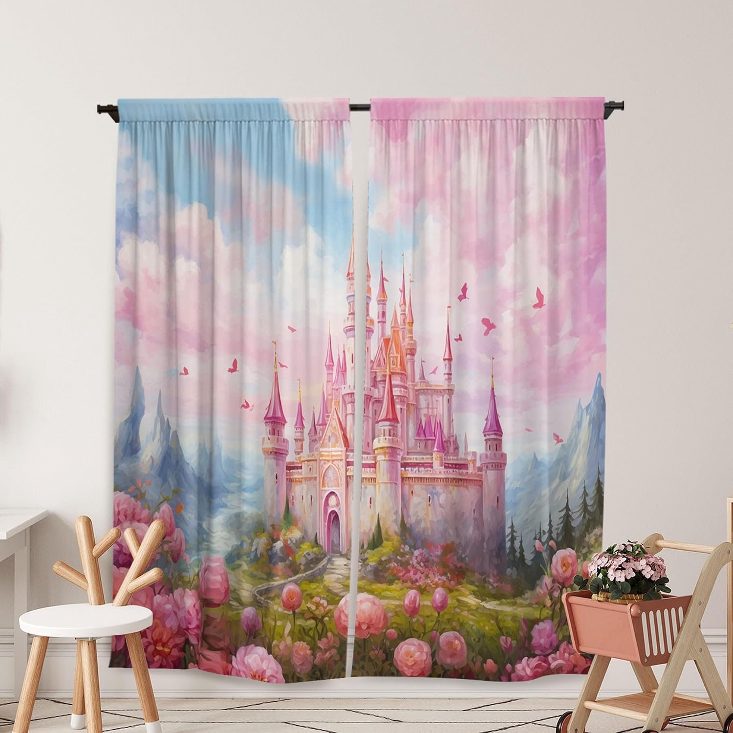 Prinses Kasteel Gordijnen voor Kinderen Meisjes Magic Roze Fantasie Wereld Sprookje Landschap Baby Woonkamer Slaapkamer Kinderkamer Peuter Thuis Rod Pocket Gordijnen Decor 84" x 84"