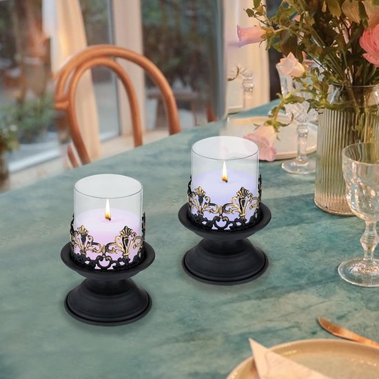 Vintage kandelaar set van 2 windlichten met glazen opzetstuk 15 cm hoge theelichthouder voor theelichtjes & led-kaarsen, voor woonkamer, bruiloft en feest — afbeelding 5
