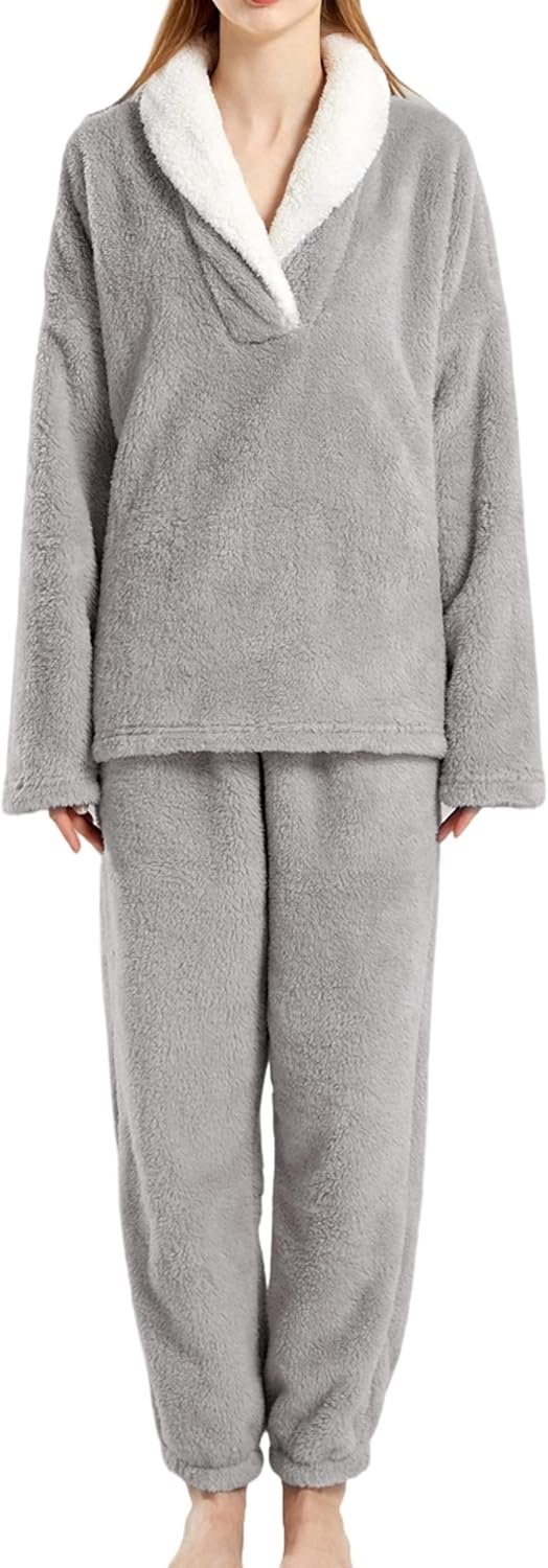 Pyjama voor dames, pluche, lange pyjamaset, winter, warm, wollig, huispak, knuffelige pyjama, voor vrouwen, winter, slaapkleding, EU XS-XL
