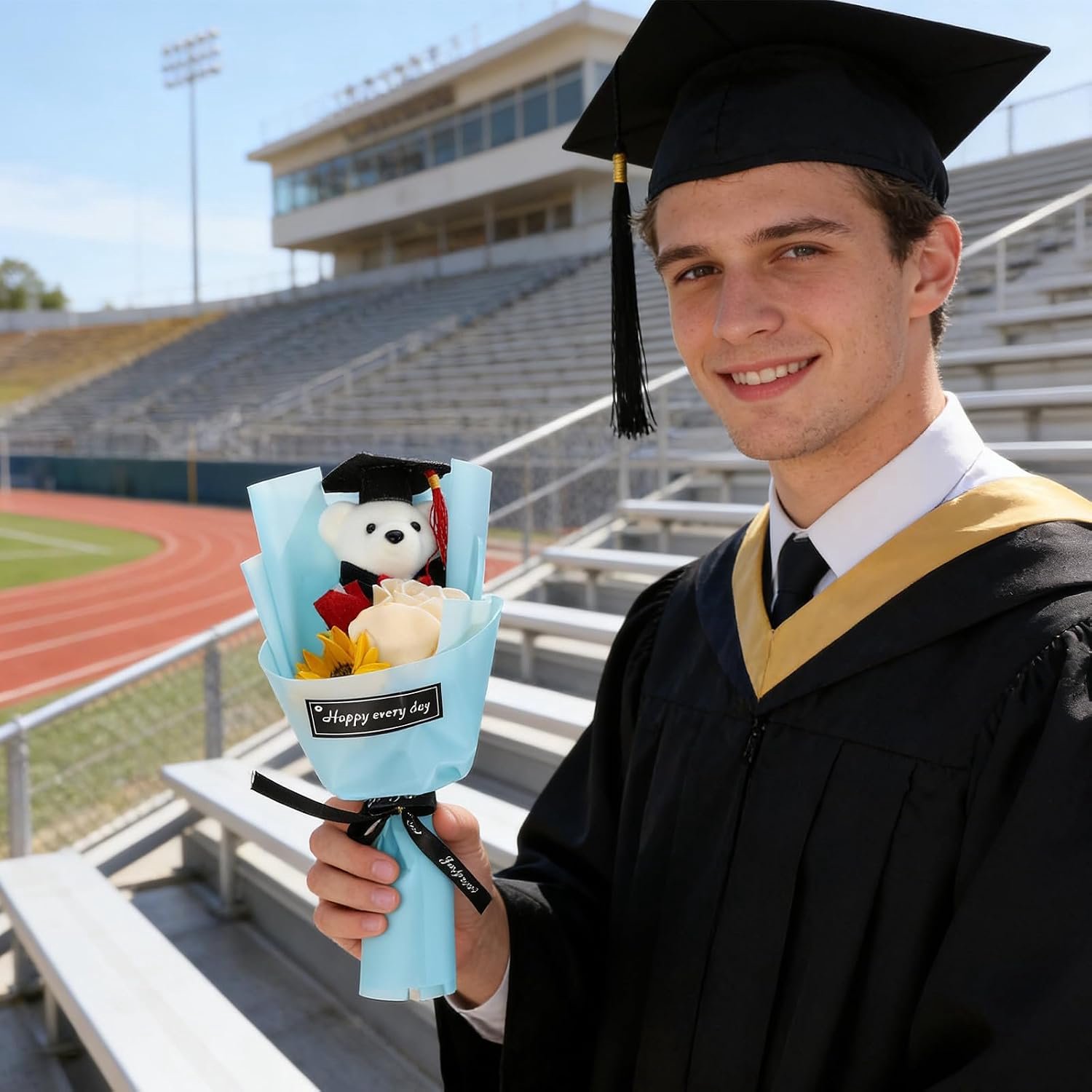 Bloemenboeket voor de diploma uitreiking 2026: Kunstrozenboeket Bloemenarrangement met een berenfiguur voor de diploma uitreiking Knuffelbeer decoratie het feest van de lichting van