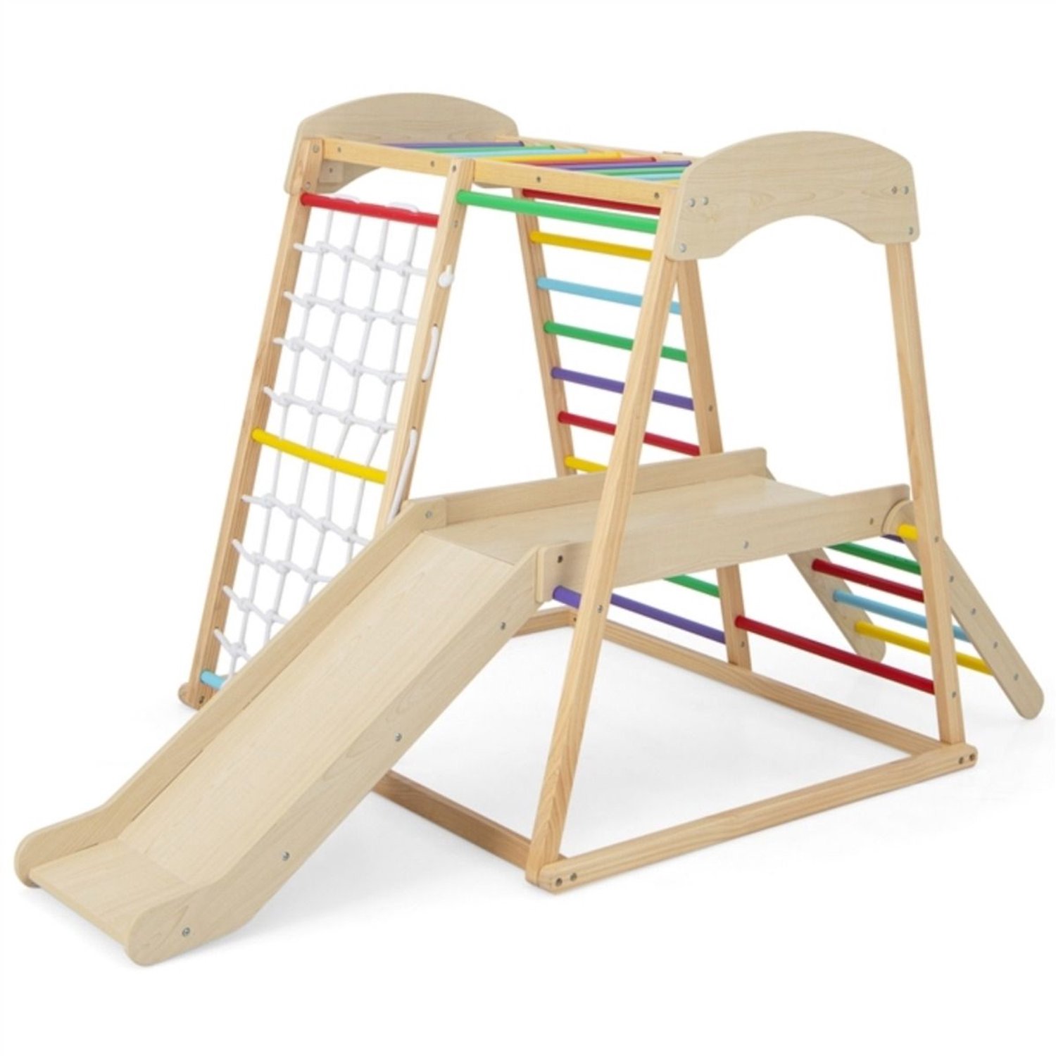 SureDeal® - Speelgoed - Houten Klimdriehoek - Kinderen - Glijbaan - Bufferzone Klimrek - Binnen - Net - Klimladder - 205x112x120 cm - Veelkleurig