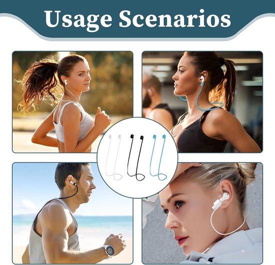 3 stuks bandjes voor AirPods, band voor AirPods, bevestigingsband compatibel met AirPods Pro 2/1 en AirPods 1/2/3, houder band met 70 cm, kleuren: zwart, wit, blauw, ideaal voor sport en dagelijks — afbeelding 5