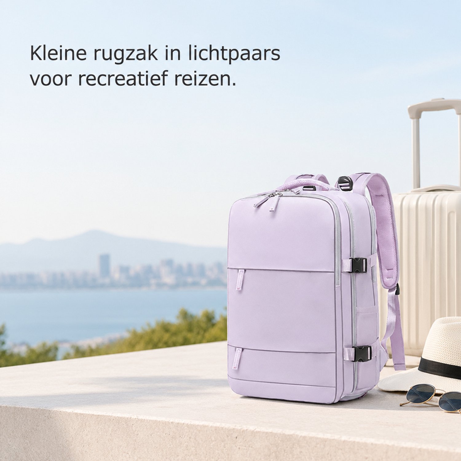 Rugzak klein - effen met stiknaden - gebogen schouderbanden - voor recreatief reizen - lichtpaars