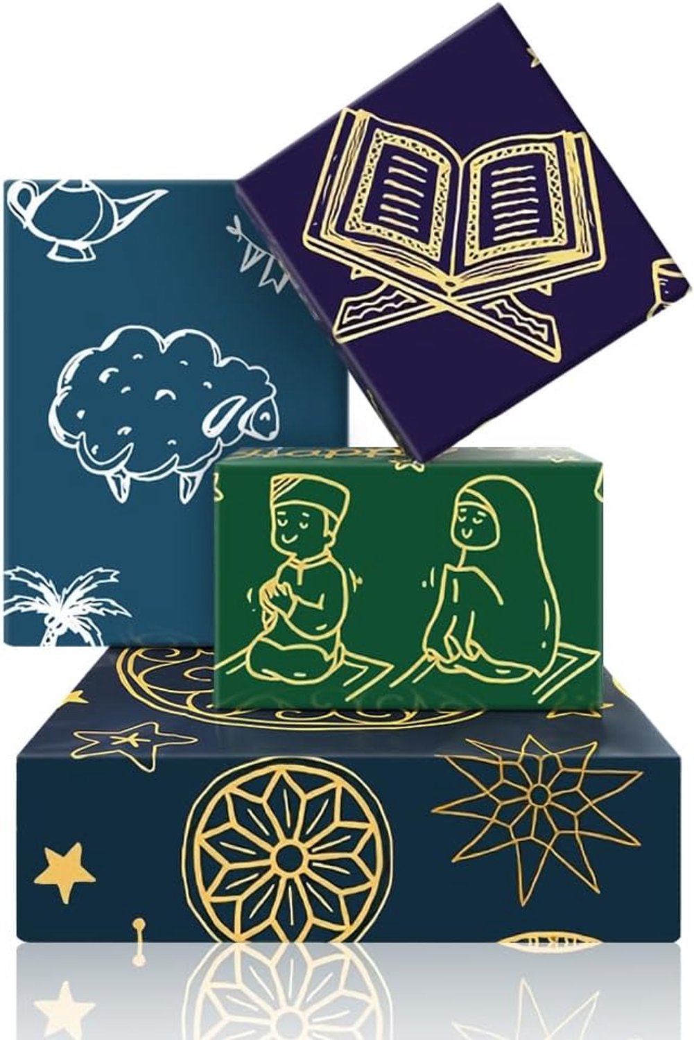Cadeaupapier voor Eid Mubarak, 4 vellen, 4 designs, ster- en maanpatroon, Ramadan-cadeaupapier voor Eid-Mubarak-geschenken en -decoraties