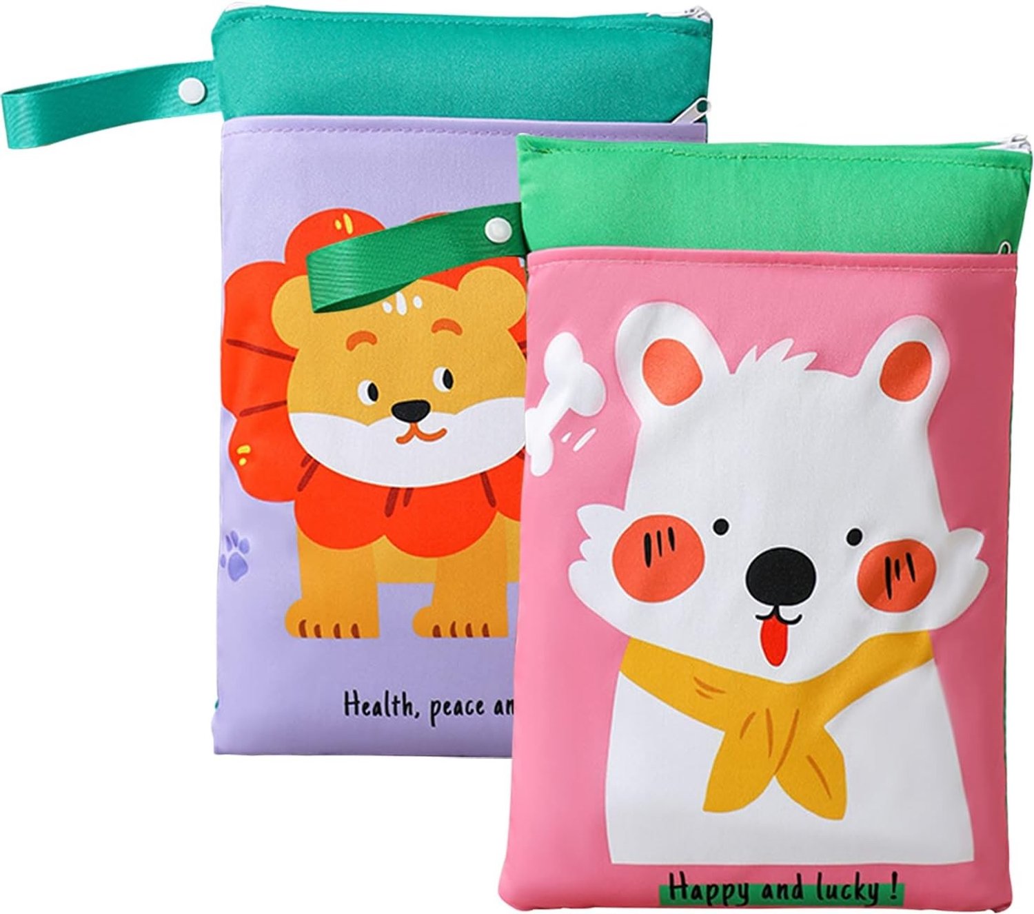 Waterdichte Luiertassen Set van 2, Herbruikbare Zak met Rits voor Babyspullen, Schattige Cartoon Ontwerpen, Ideaal voor Reizen en Organiseren van Babybenodigdheden