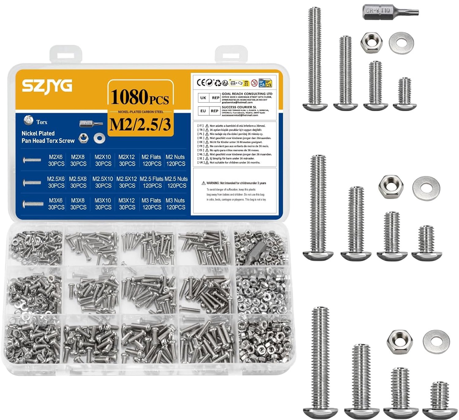Screws set 1080pcs M2 M2.5 M3 - Torx lenskop en platkop - Robuust staal - Duurzaam en roestvrij - Homevero