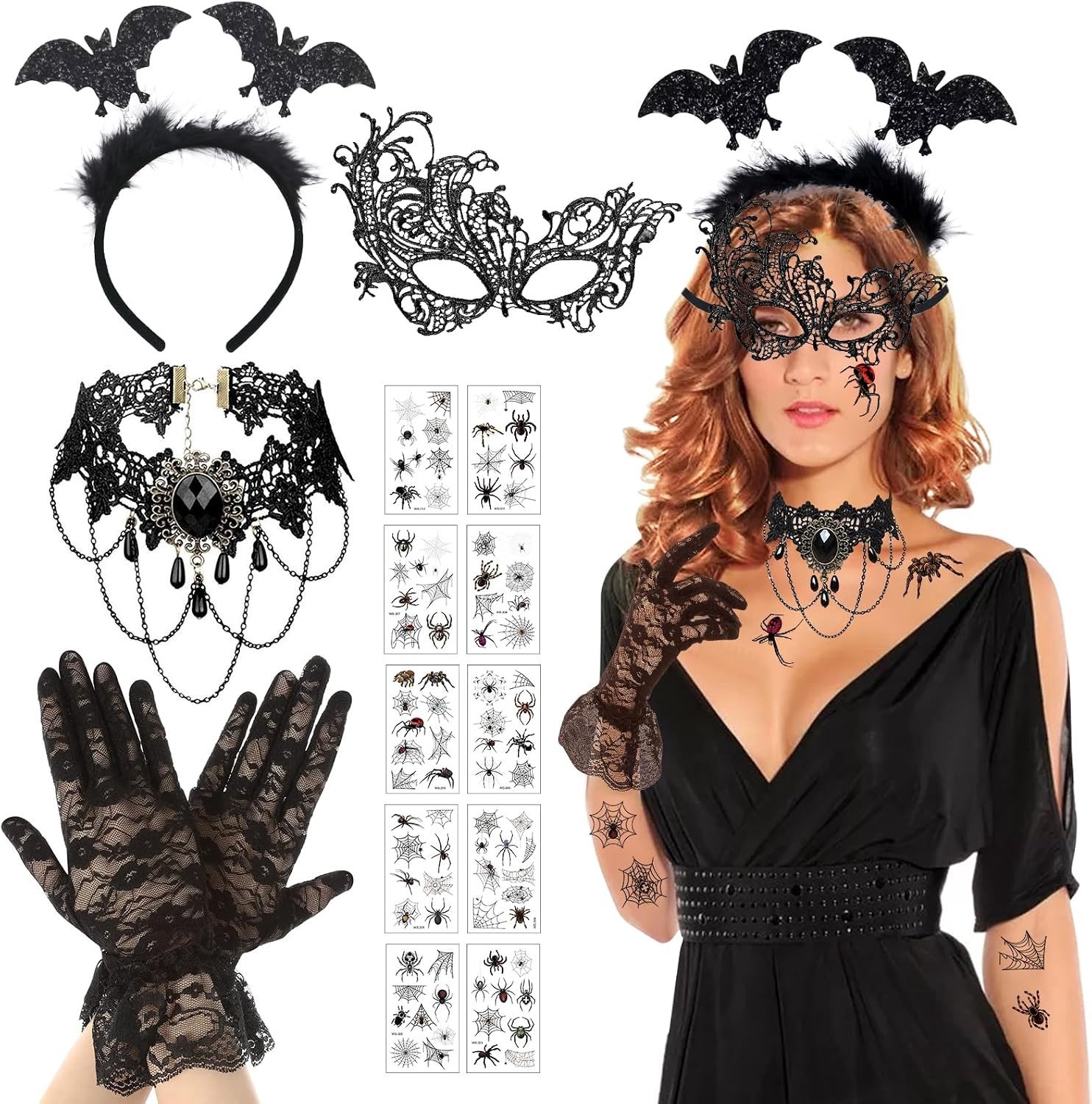Gothic choker en accessoires set voor Halloween, steampunk stijl, vintage kant en Venetiaans masker, ideaal voor kostuums en gemaskerde ballen