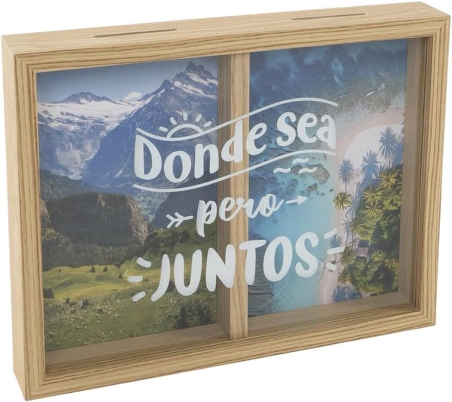 Houten spaarpot met glas, dubbel vak, zee en bergen, rekeningen en reizen. XL 28 x 22 x 4 cm (zee en berg)