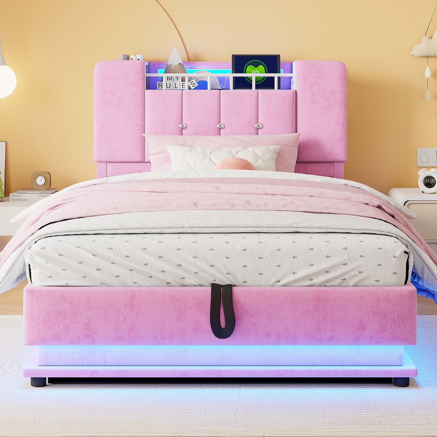 Merax Kinderbed 90 x 200 cm - met LED-verlichting - USB-poort en opbergruimte - metalen frame - roze - zonder matras