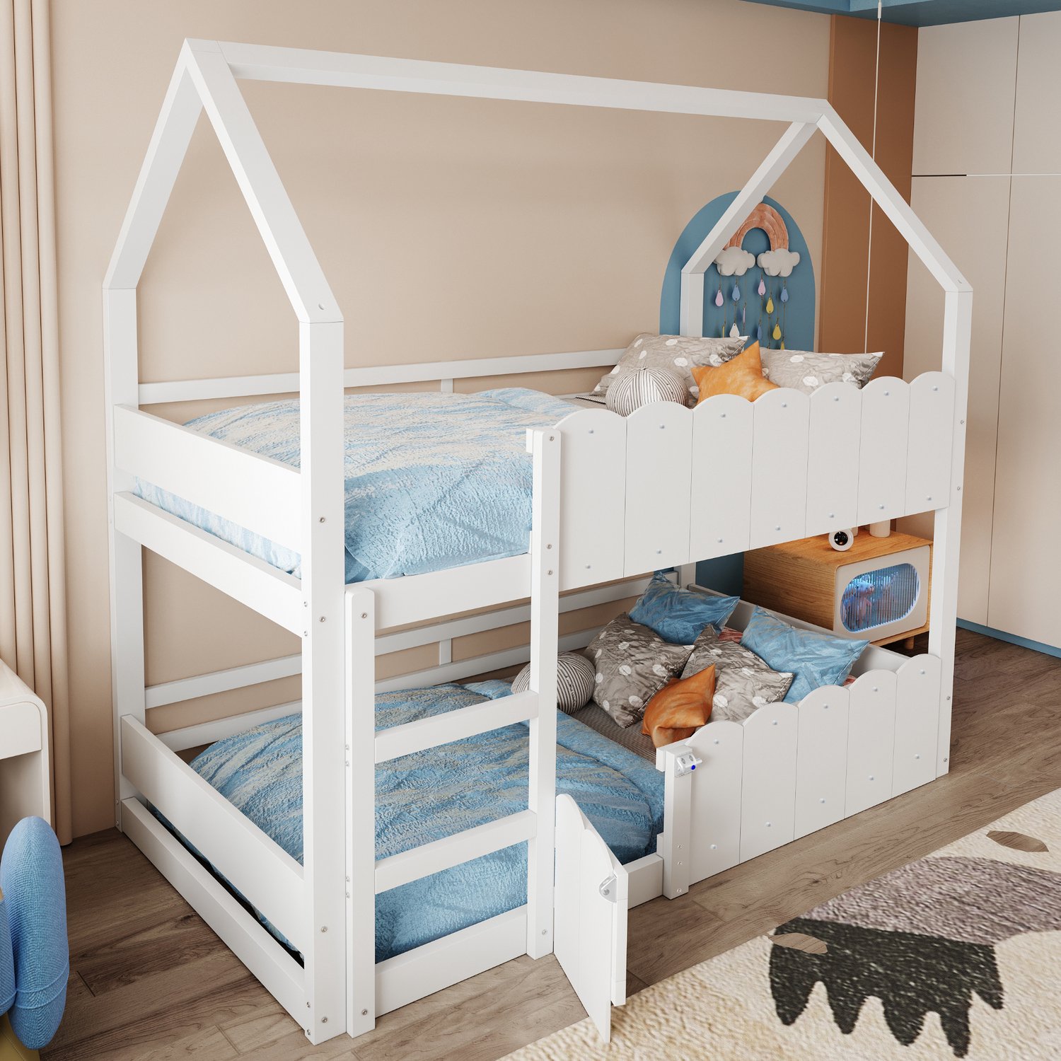 Merax Kinderbed - stapelbed 90x200 cm - huisvormig ontwerp - met hoge veiligheidshek - wit - zonder matras