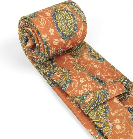 Vintage retro stropdas voor heren, 9 cm breed, brede stropdas, brede stropdas, brede halsband, stijlvol, modieus, kleurrijke stropdas, bedrukt donkeroranje met paisley — afbeelding 2